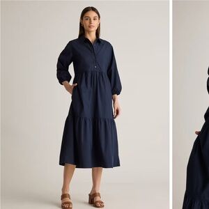 Quince Women's 100% Organic Cotton Poplin Midi Tunic Dress Navy Basic Sleeved L